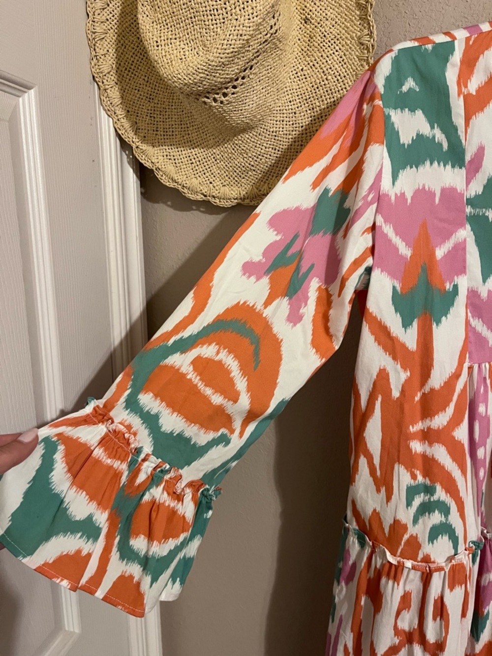 Sheridan French Colorful Ikat Tiered Shift Dress - Coral, Pink & Teal XL - Picture 3 of 7
